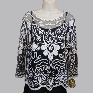 Weavz Black Mesh Top Women's Tambour Stitching in White Sheer Size Large